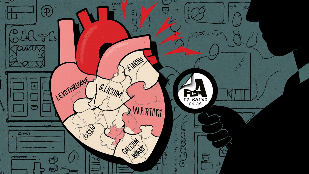 A heart made of puzzle pieces with one misaligned, sparking, surrounded by peeling FDA labels in a hospital setting.
