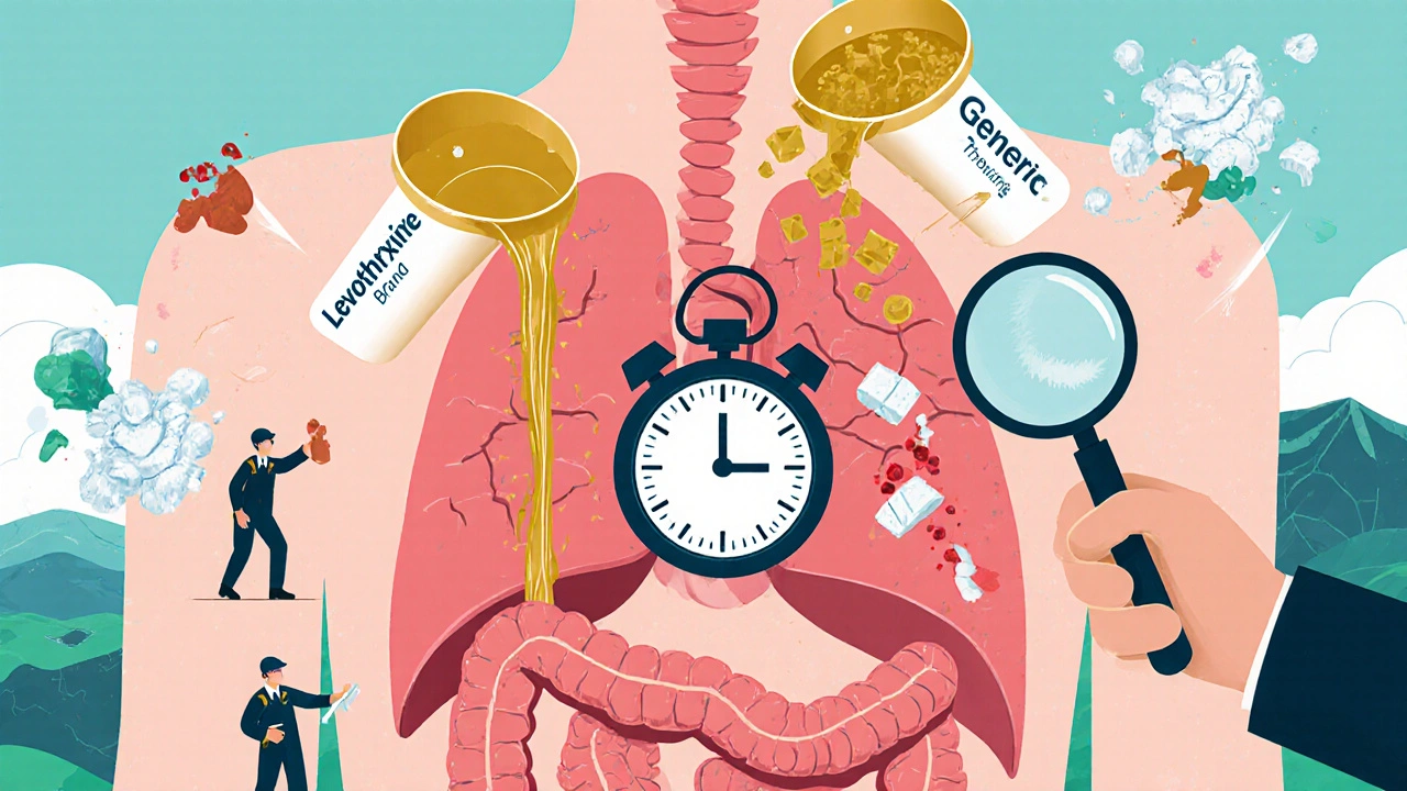 A human body landscape with a thyroid clock being disrupted by clumpy generic medication ingredients.