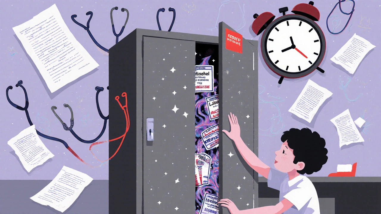 A locked cabinet glows with medication labels like stars, as a child&#039;s hand reaches in among paper documents.