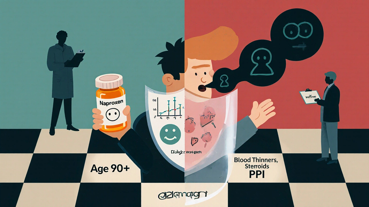 A man split between NSAID use and anemia symptoms, protected by a glowing PPI shield amid risk factor labels.