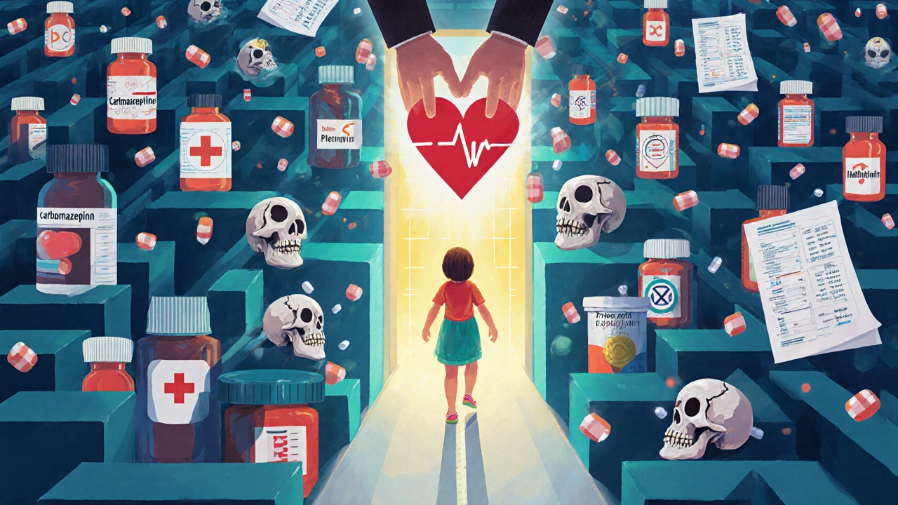 A maze of dangerous prescription bottles leading to a heart-shaped door where a healthy child steps into light, guided by medical symbols.