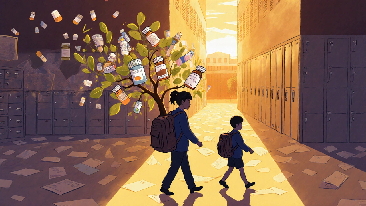 A parent and child walk away as their combined shadow becomes a tree made of prescription bottles.