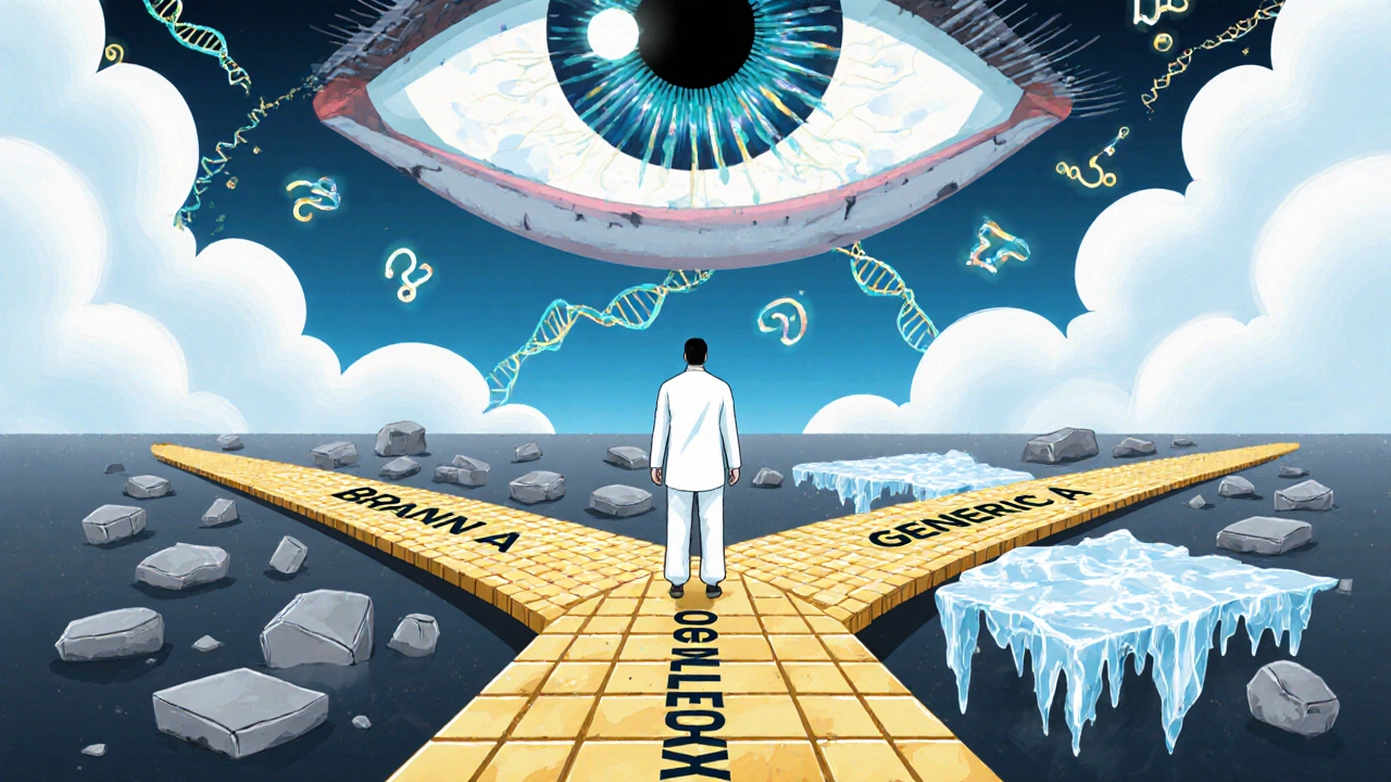 A patient at a crossroads with three drug paths leading to different outcomes, watched by a DNA eye and floating genetic symbols.