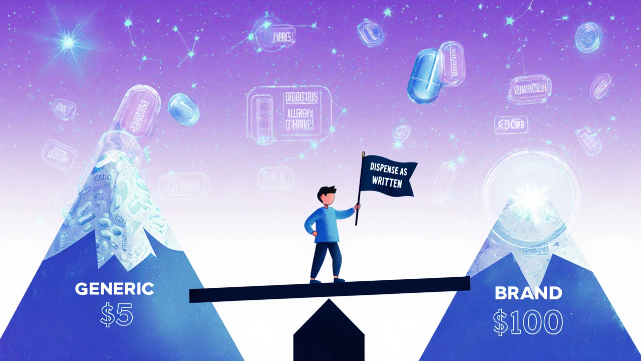 A patient holding a &#039;Dispense as Written&#039; flag between two pill mountains, one full of hidden allergens, the other clean.