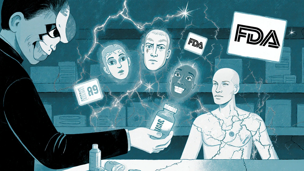 A patient receives a pill bottle whose contents become shifting faces, while their body cracks open to reveal unstable medical readouts.