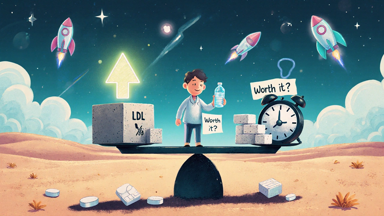 A patient stands on a scale balanced between health benefits and crushing constipation side effects.