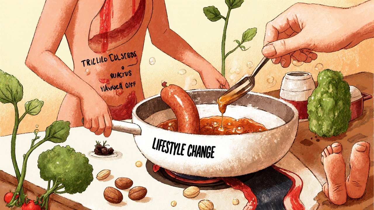 A person&#039;s body being cooked on a kitchen counter, with waist as sausage, triglycerides as oil, and glucose as syrup.