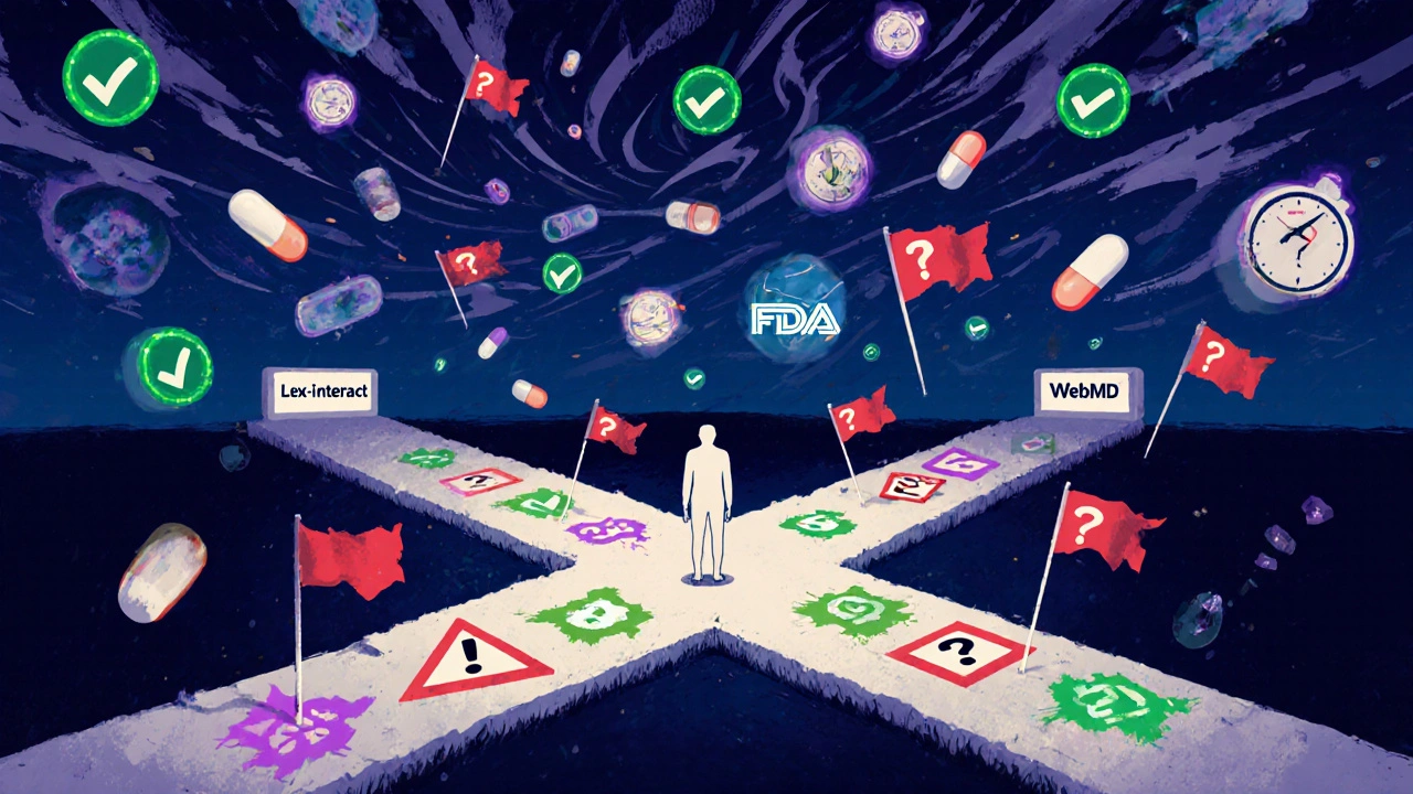 A person at a crossroads of three drug checker paths, each lined with warning icons, under a vortex of medical symbols in surreal abstract style.