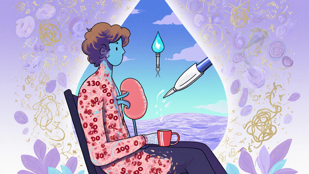 A person drinks from a water droplet cup as their cyst-filled body shrinks, with blood pressure numbers calming above.