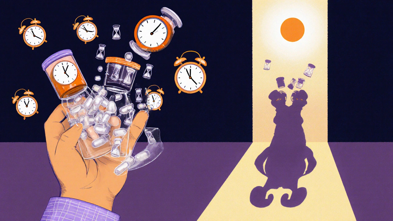 A person holding two pill bottles, one spilling clocks, the other hourglasses, with contrasting shadows representing daily routine differences.