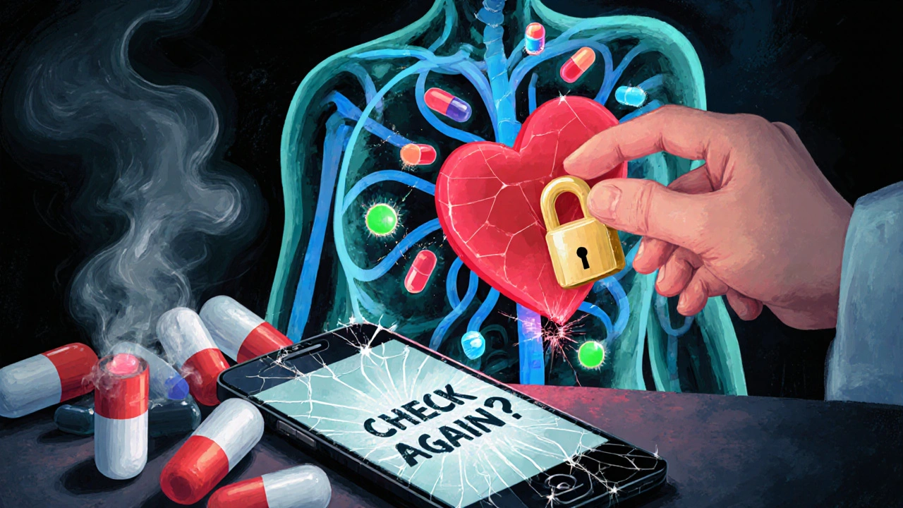 A pharmacist&#039;s hand unlocking a heart-shaped lock with glowing drug molecules inside, while ignored pill bottles smoke beside a cracked phone.
