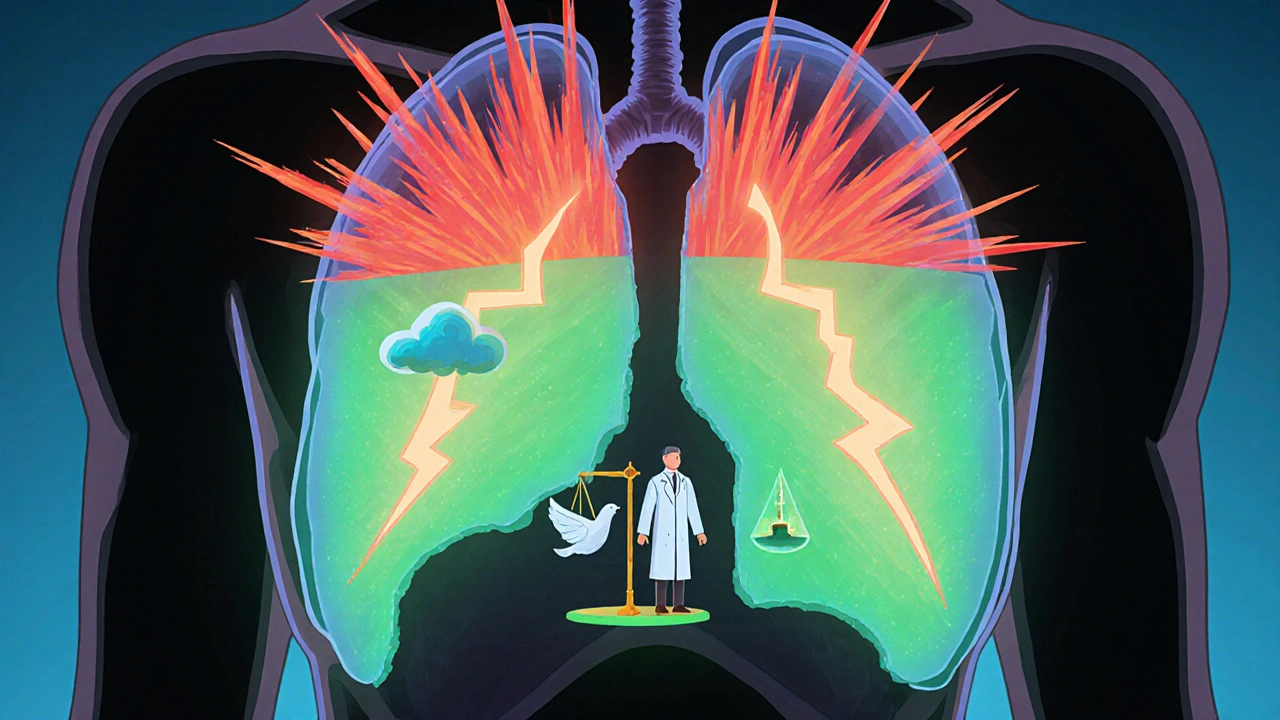 A transparent human chest showing stormy red spikes and calm green aurora, symbolizing fast vs. sustained angina relief.