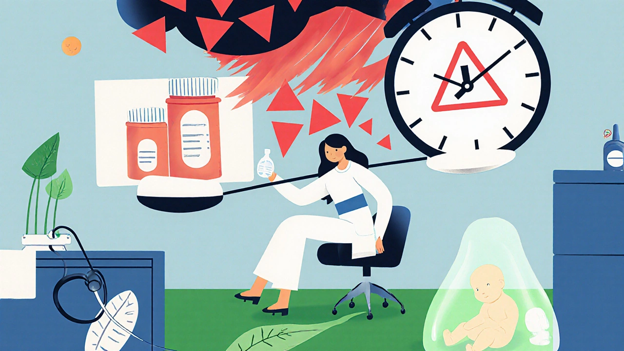 A woman on a floating chair with scales balancing birth control and seizure meds, while a storm of warnings looms and a calm path leads to a glowing baby.