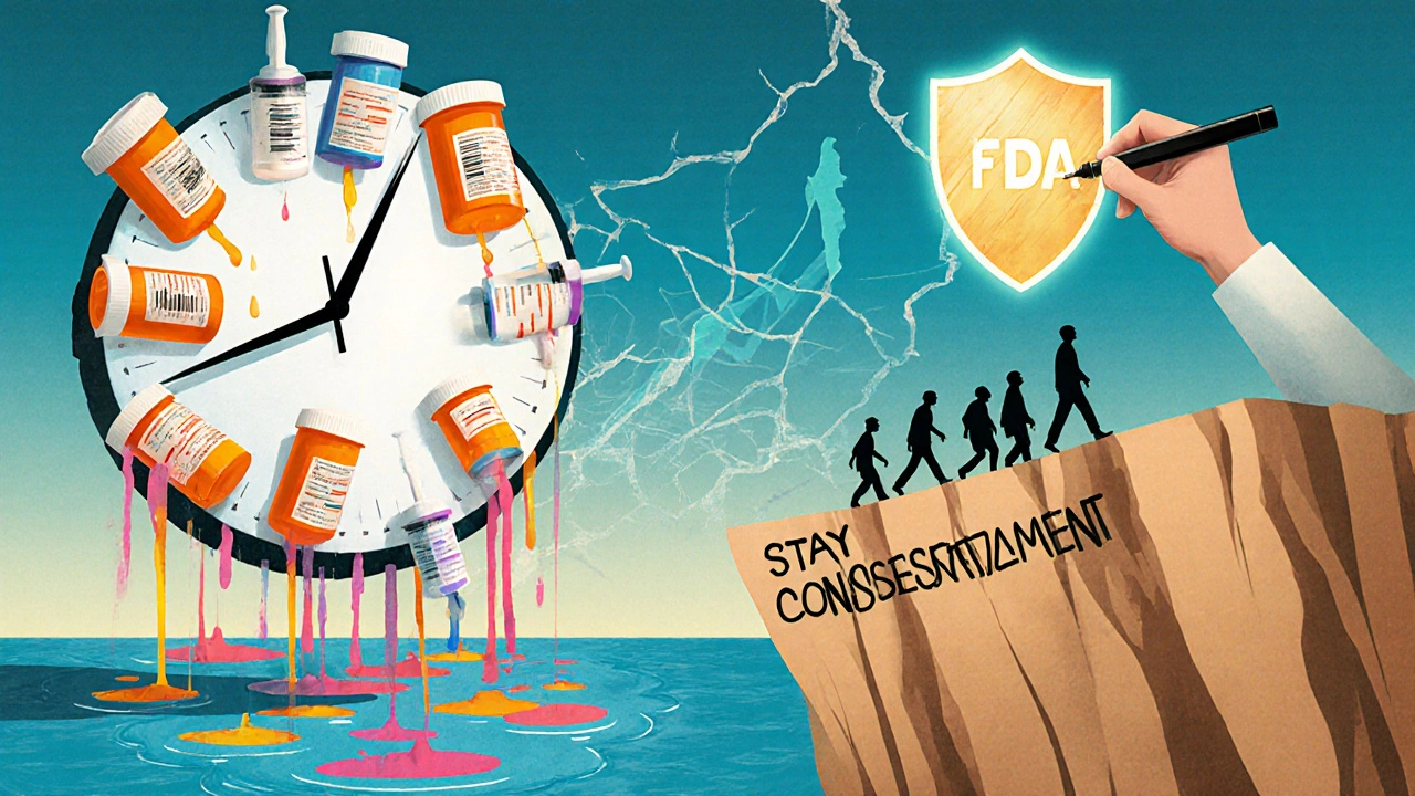 Clock made of prescription bottles with syringe hands dripping danger, patients walking off a cliff labeled Hospitalization.