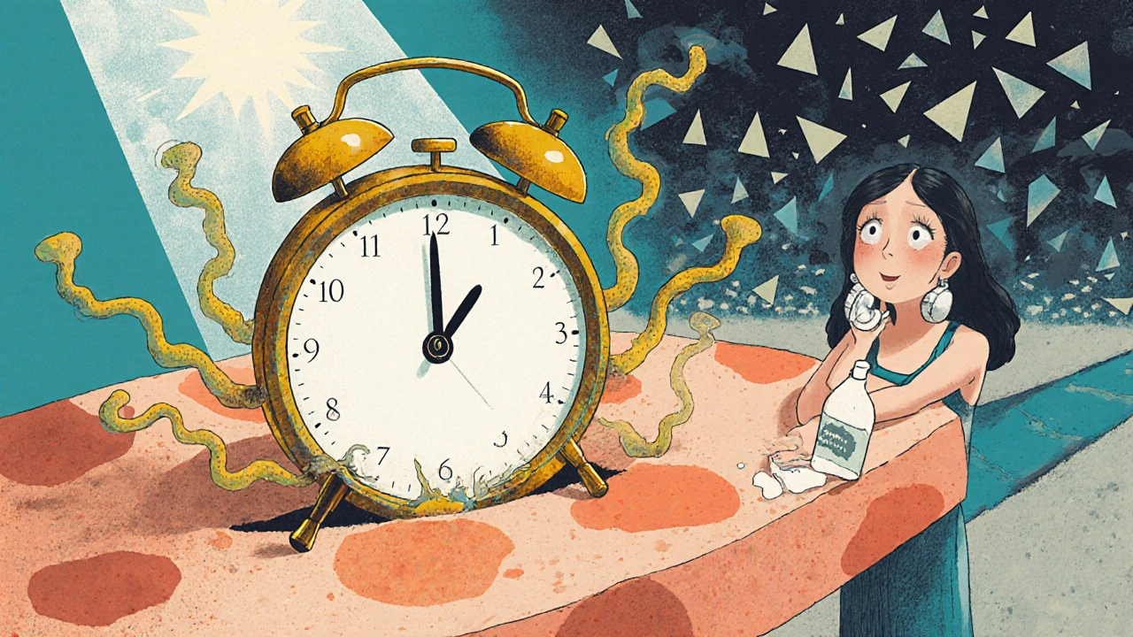 Clock made of skin showing seasonal color changes, with monthly shampoo breaking myths.