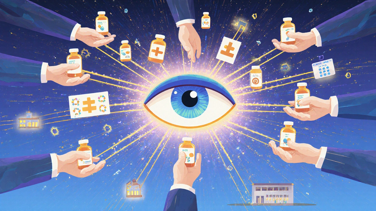 Connected U.S. hospitals glowing with data rivers, passing life-saving drugs through a web of hands.