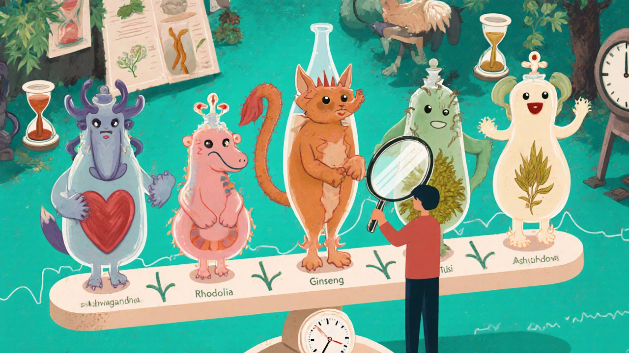 Five mythical herbal syrups as creatures on a scale of time and heartbeat, being evaluated by a curious observer.