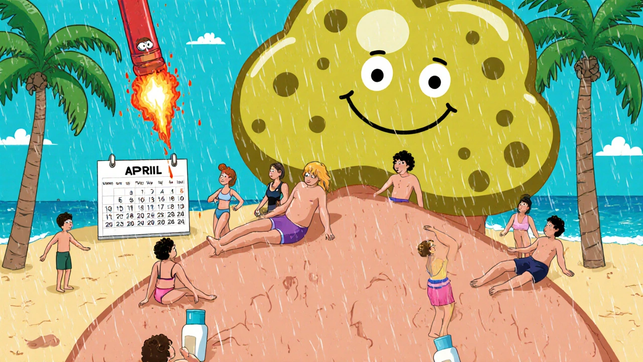 Giant smiling yeast cell on a sunbather&#039;s back, surrounded by sweat and oil droplets.