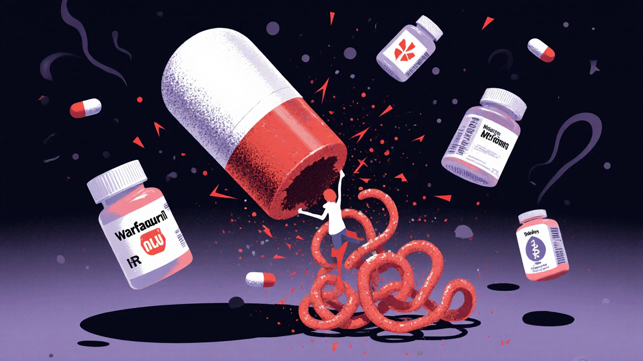 Medication bottles are swallowed by a resin pill, emitting warning waves over a tangled intestine shadow.