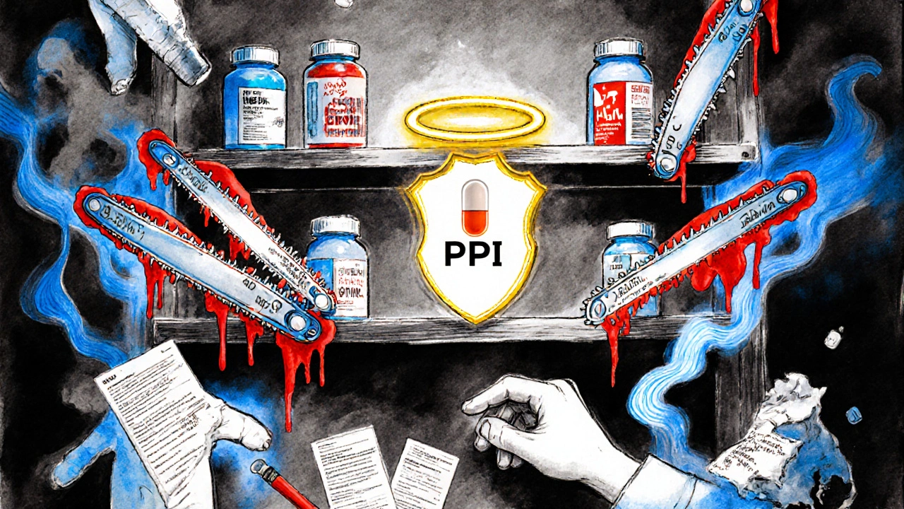 NSAID bottles as chainsaws dripping blood beside a glowing PPI pill, surrounded by medical warnings and test results.