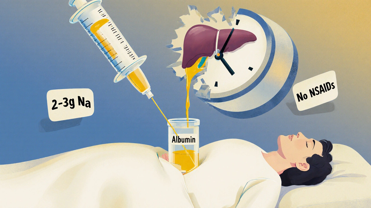 Patient being drained by a syringe into an albumin vial, with melting clock and liver, symbolizing balanced ascites management.