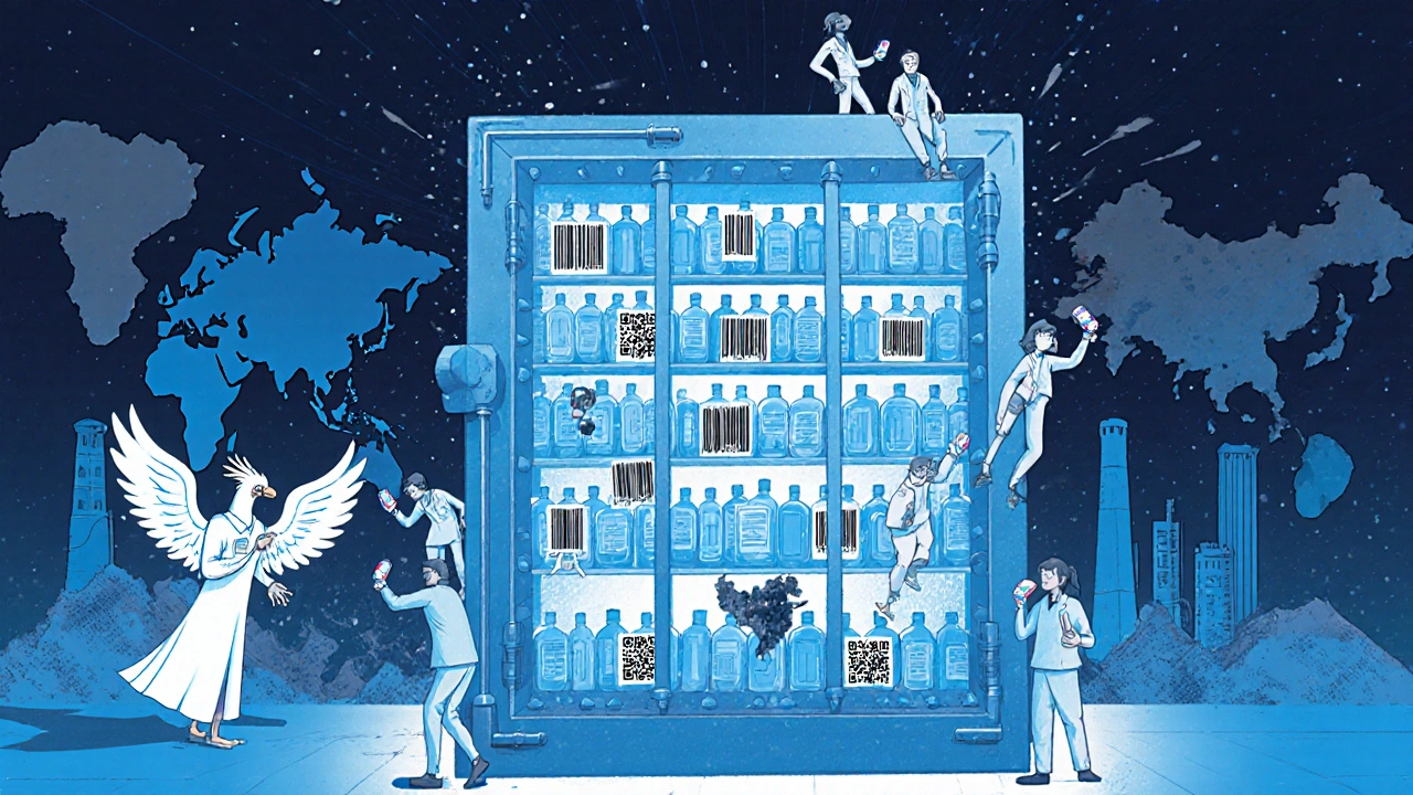 Pharmacist phoenix guarding a vault of medicine bottles, global factories crumbling behind.