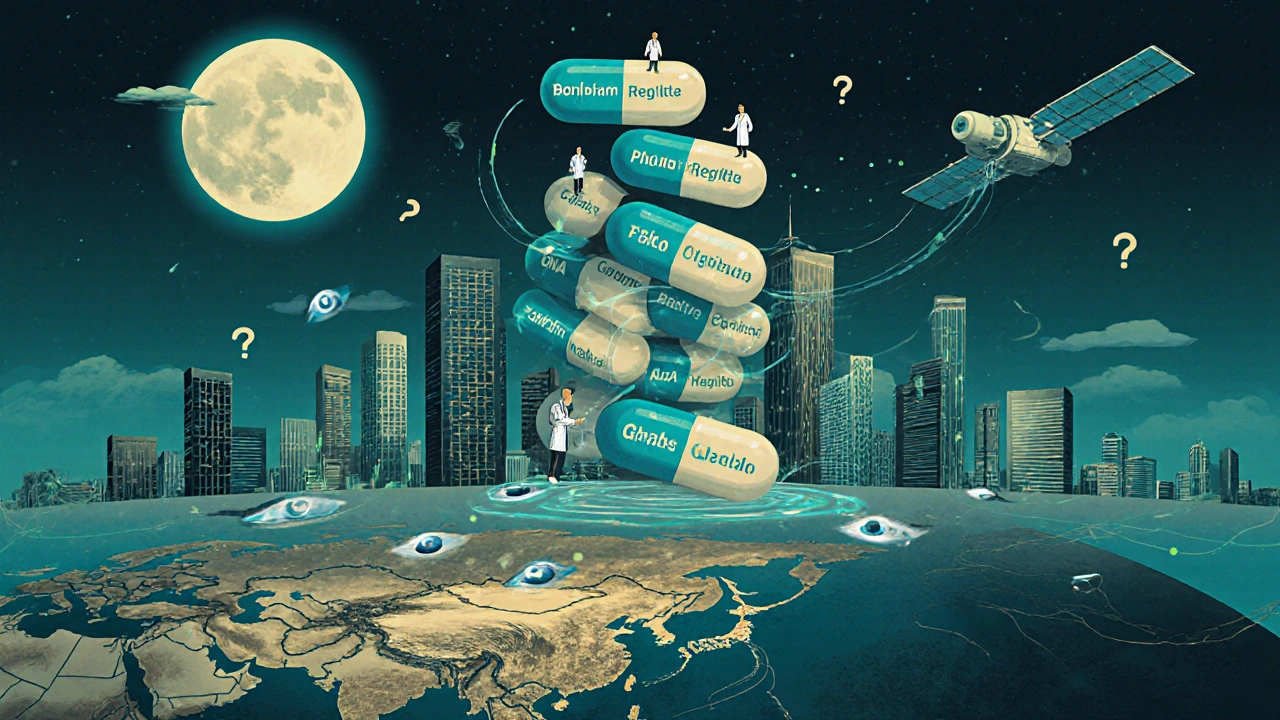 Pill skyscraper city under moonlight with tiny inspectors and global supply chains glowing below.