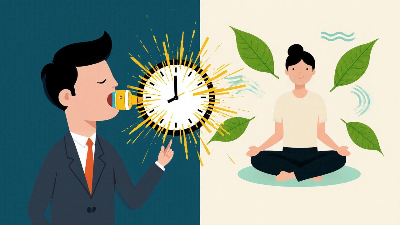 Split scene: one side shows mental energy sparks, the other calm green waves for emotional balance.