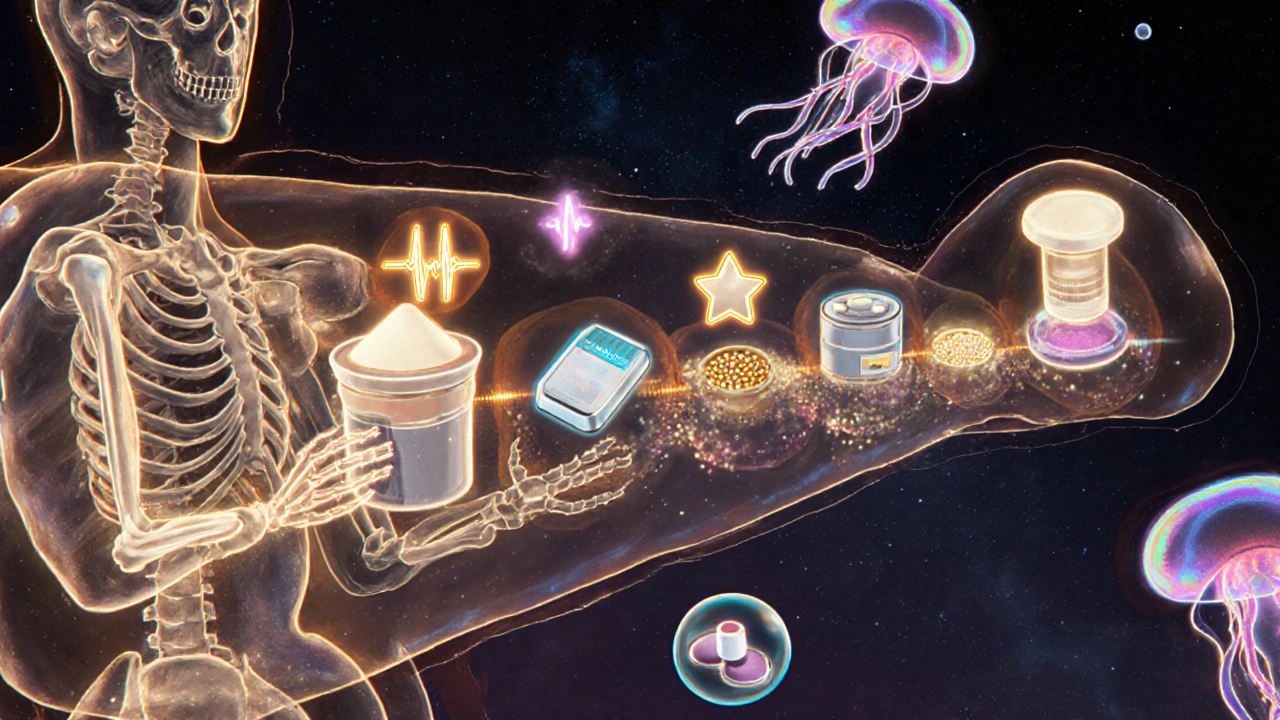 Surreal assembly line inside a human body showing drug manufacturing stages as glowing symbols.