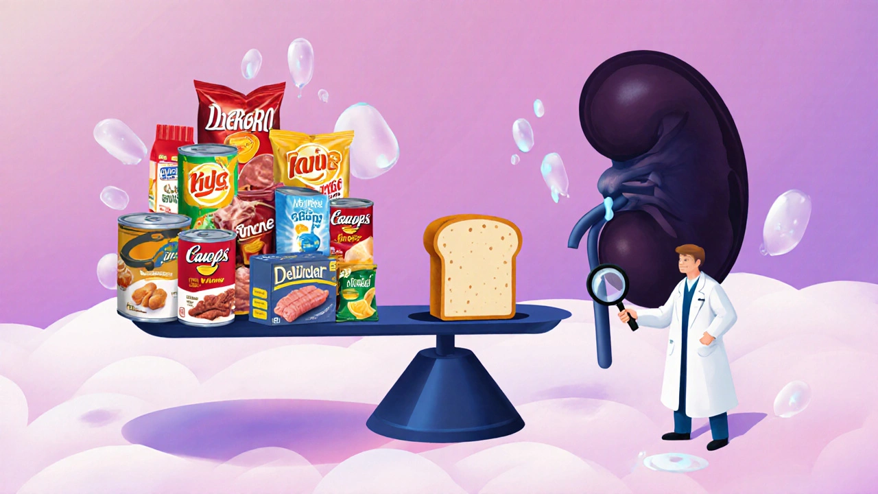 Surreal scale balancing a slice of bread against processed foods, representing hidden sodium dangers in diet.