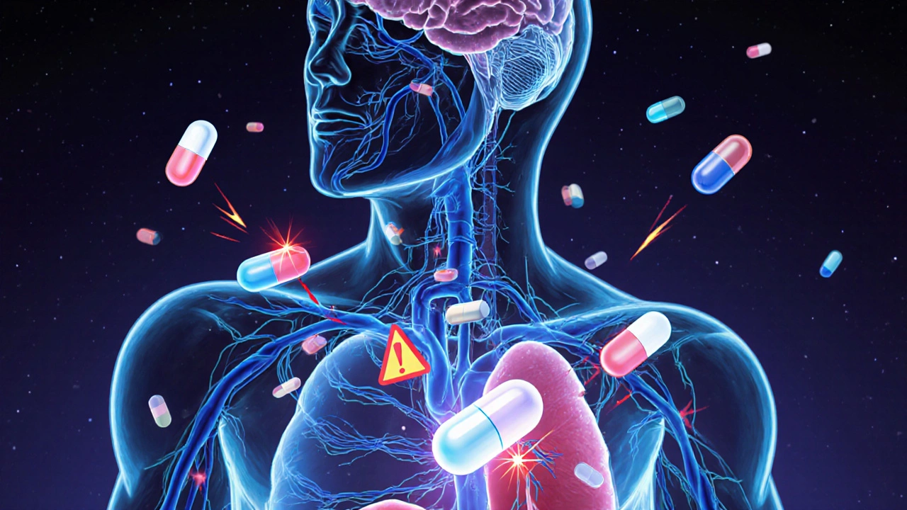 Transparent human body with drifting generic pills causing warning sparks, one stable branded pill glowing in the liver.