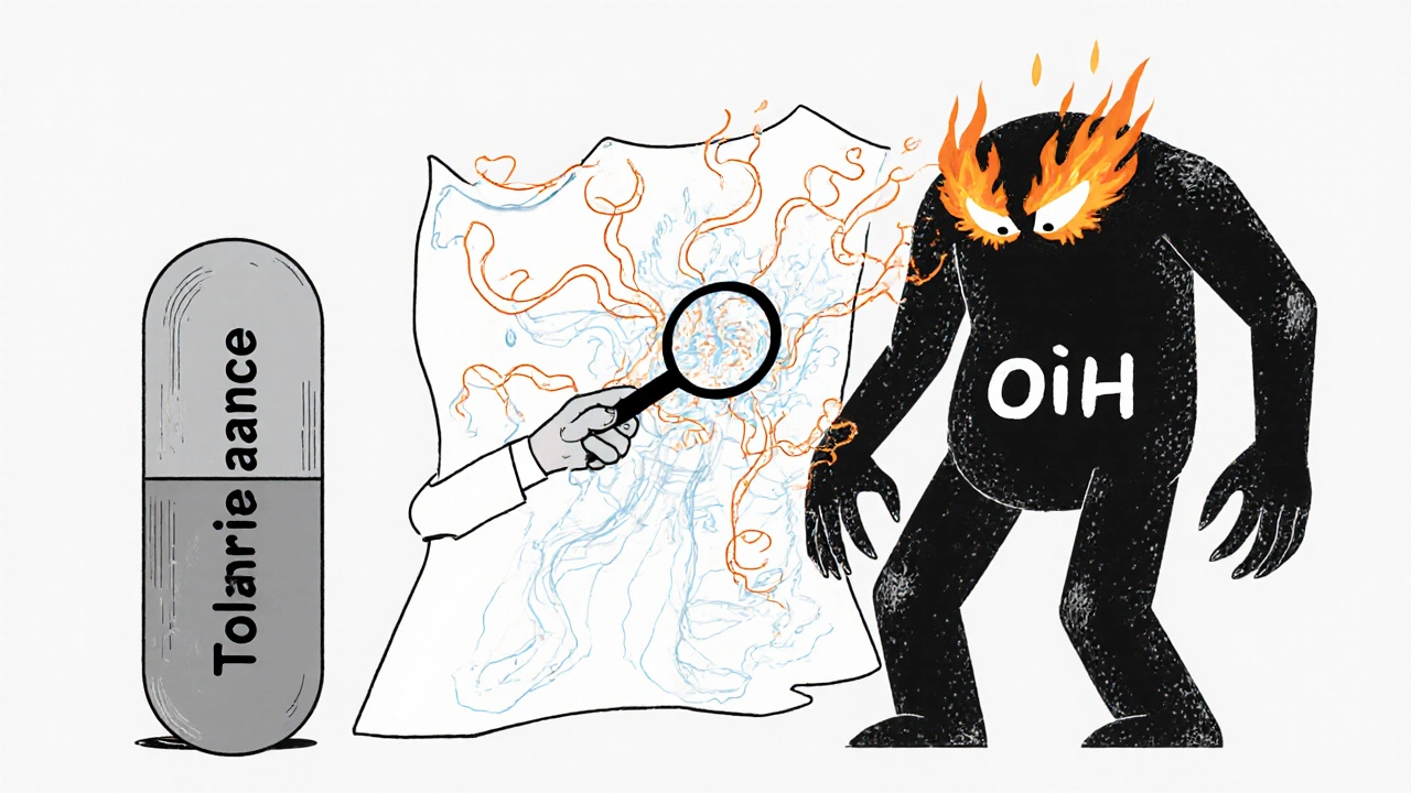 Two contrasting figures—opioid tolerance and hyperalgesia—facing off while a pain map spreads across a patient’s body.
