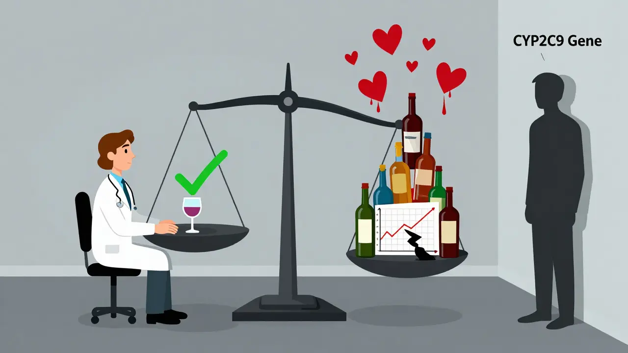 A balance scale with one side holding one drink and the other overloaded with alcohol bottles and bleeding symbols, under a watchful gene figure.