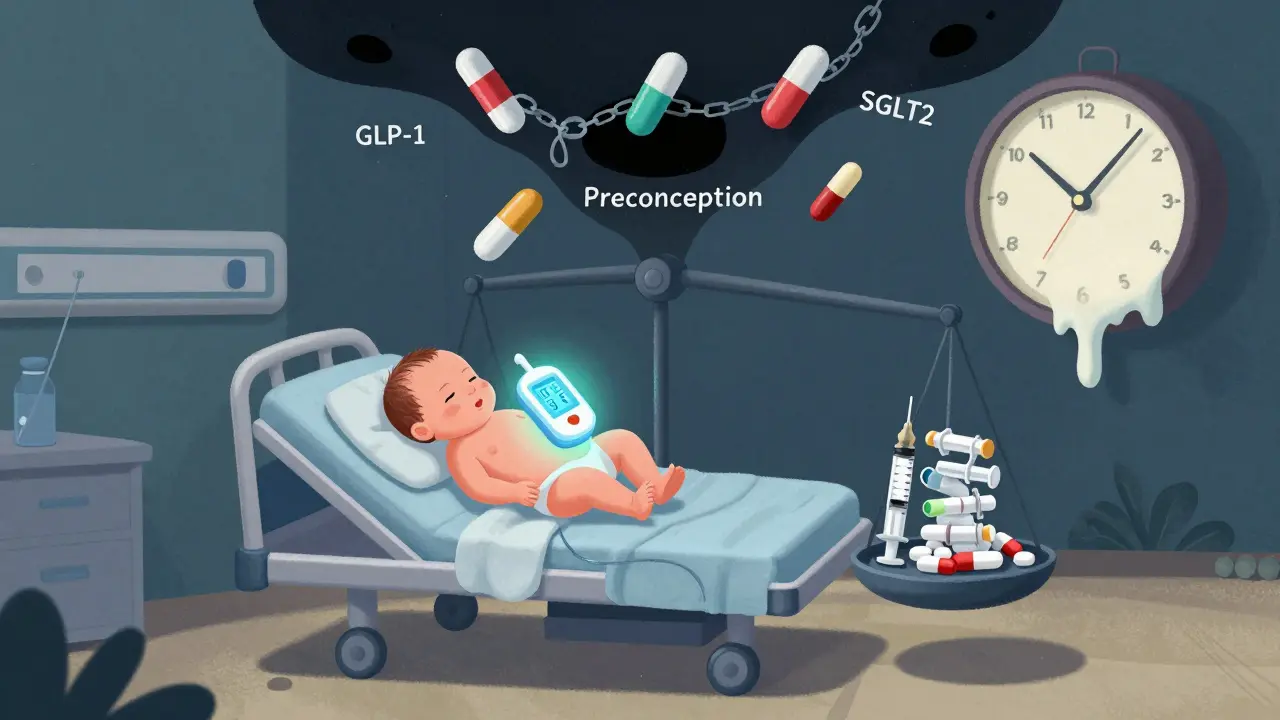 A birthing bed as a balance scale holds a newborn against insulin and metformin, with dangerous drugs sinking into a black hole.