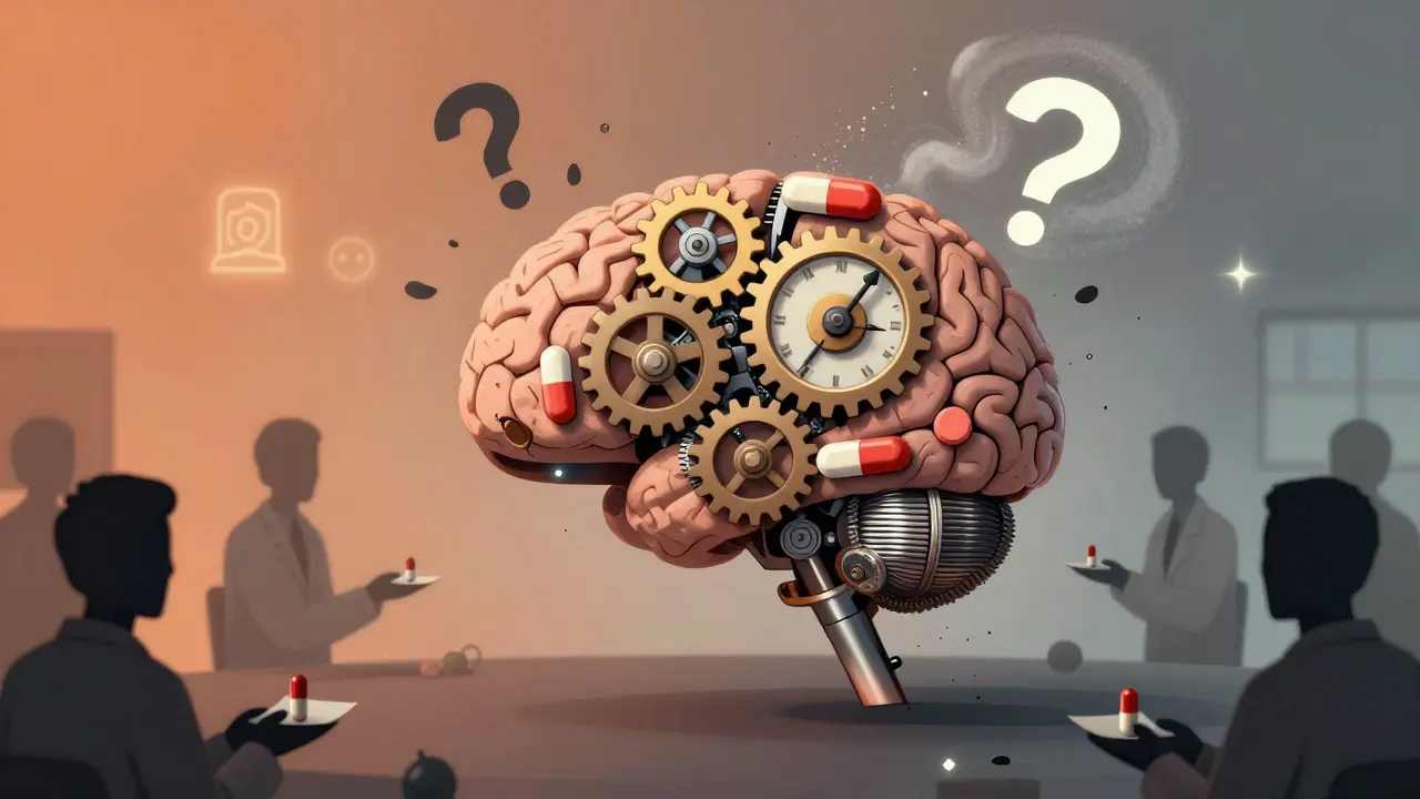 A brain as a crumbling clockwork mechanism, gears made of pills being replaced, surrounded by floating question marks.