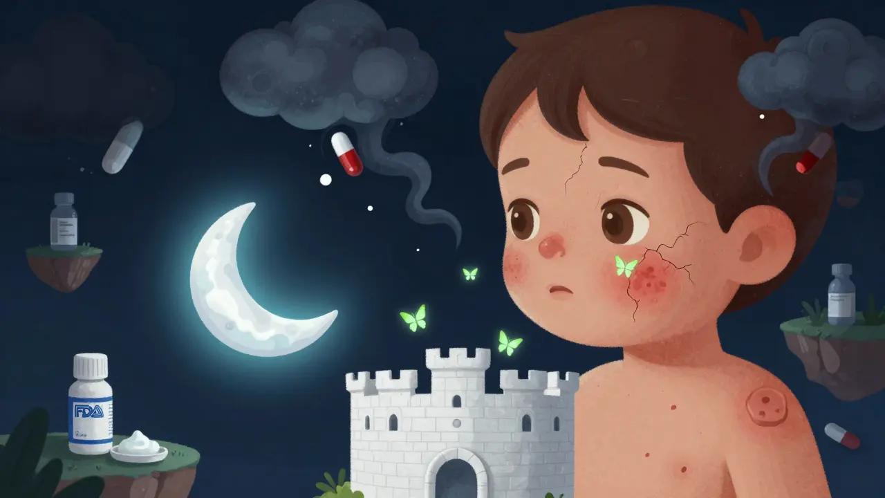A child's eczema skin is healed by glowing butterflies instead of dark steroid clouds, with a zinc oxide castle protecting the diaper area.