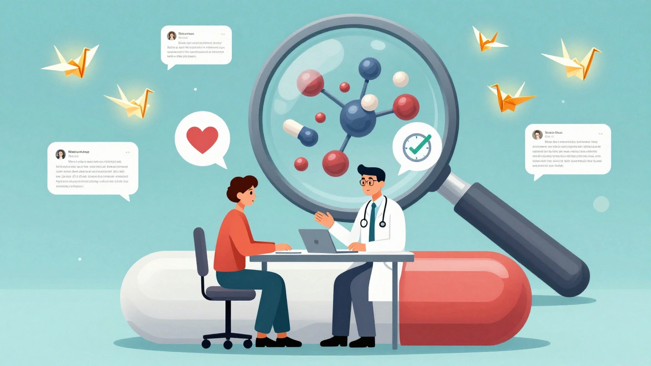 A doctor and patient converse at a pill-bottle table, with abstract symbols transforming into checkmarks and microscopic drug molecules visible through a magnifying glass.