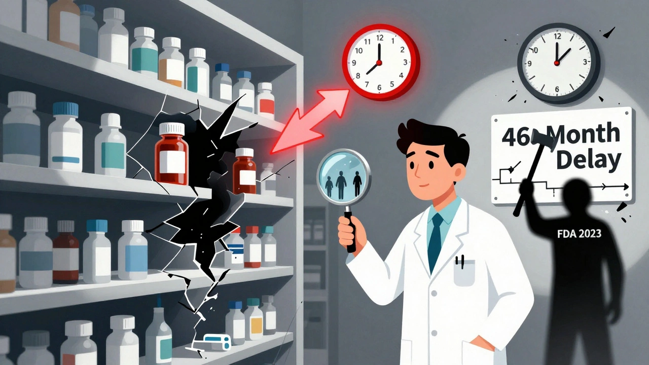 A fractured pharmacy shelf with disappearing drugs, while a figure smashes a wall labeled &#039;46-Month Delay&#039;.