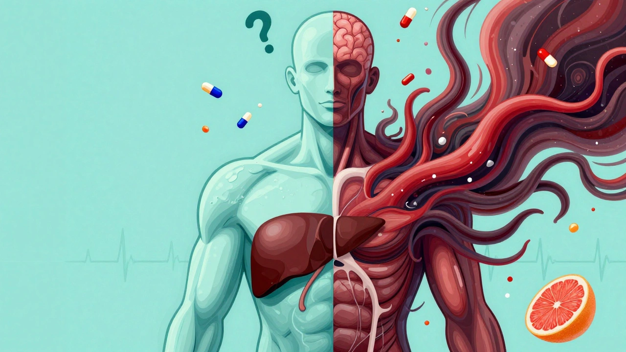 A fragmented human figure with calm turquoise and chaotic crimson sides, representing hydrophilic and lipophilic statin effects, with floating pills.