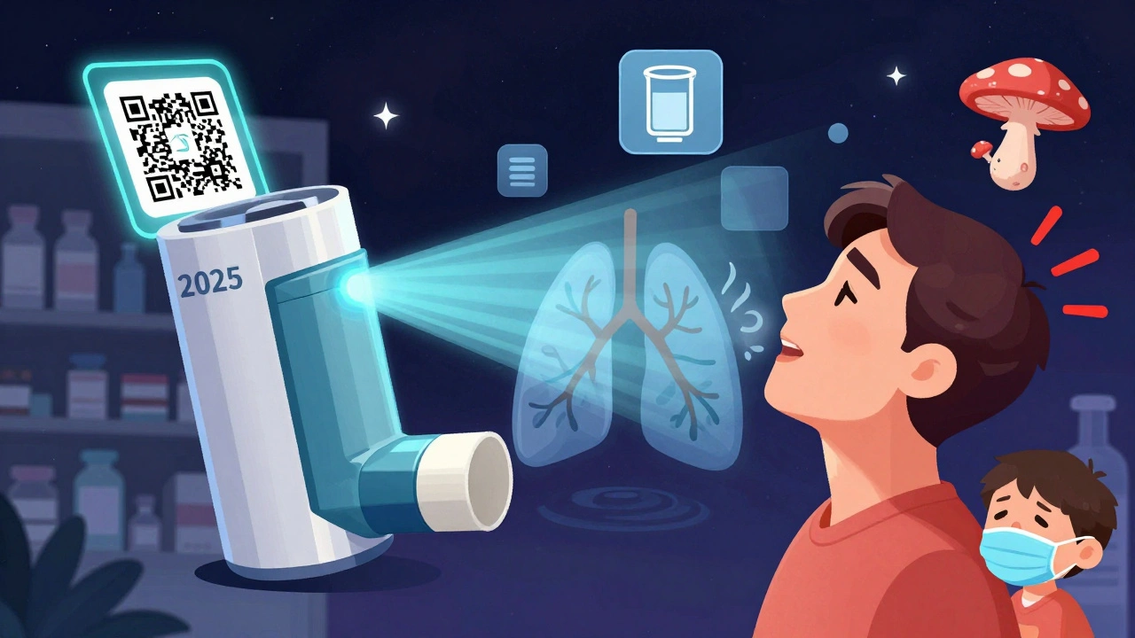 A futuristic inhaler with a QR code projects a breathing guide, contrasting perfect and flawed technique.