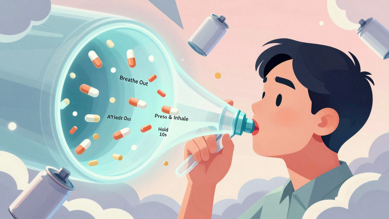 A glowing spacer tunnel channels medicine pellets while chaotic incorrect inhaler motions explode around it.