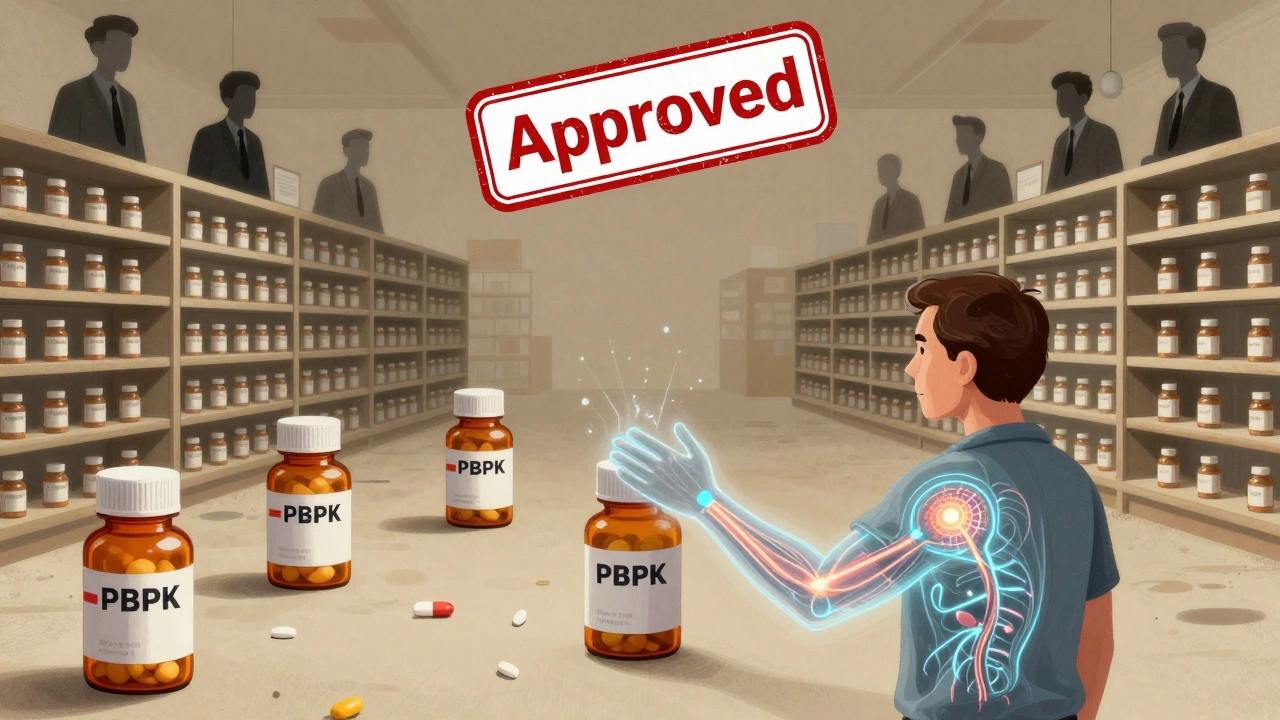 A lone generic pill on a barren shelf, with a patient&#039;s translucent arm revealing a glowing pharmacokinetic model inside.