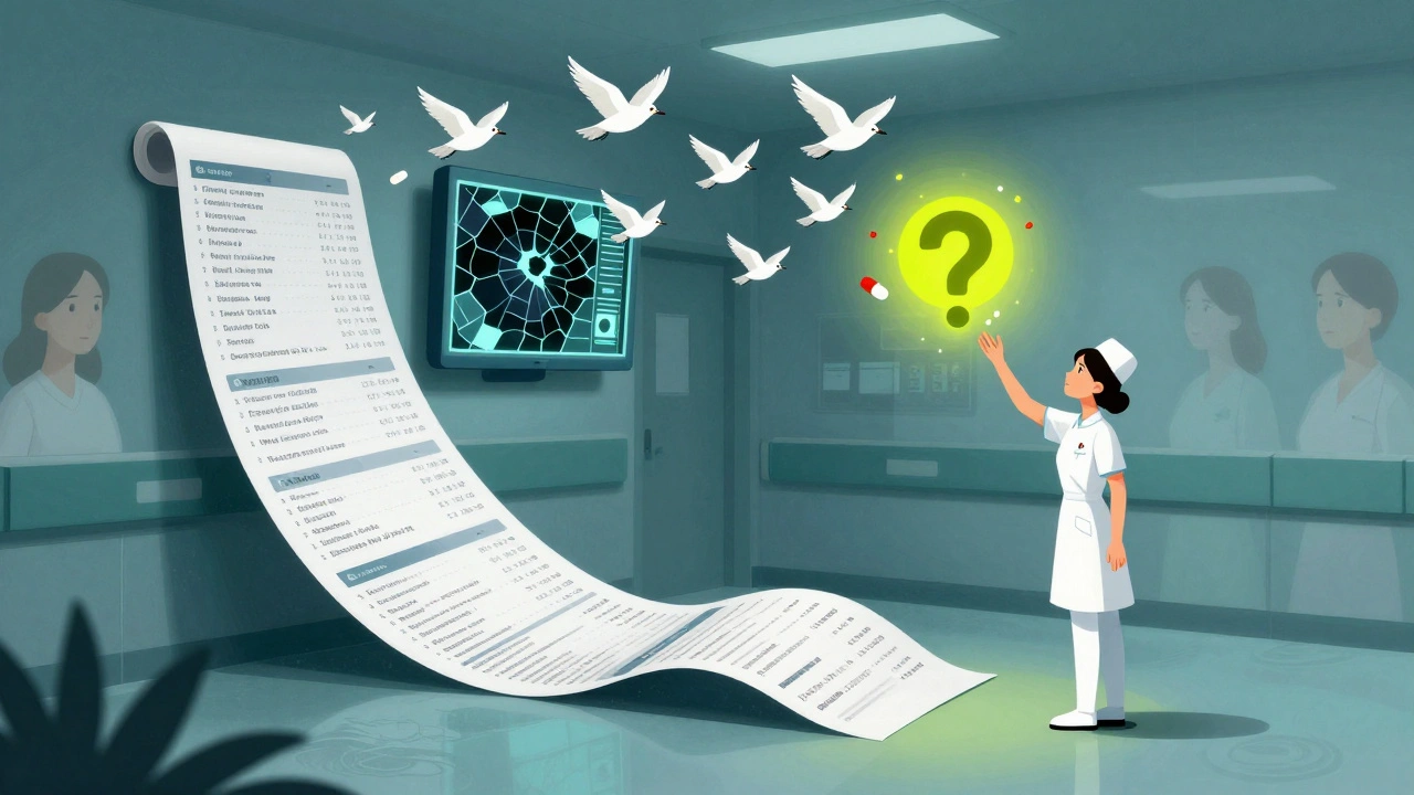A medical chart twists into birds flying into a broken computer screen, with ghostly patients in the background.