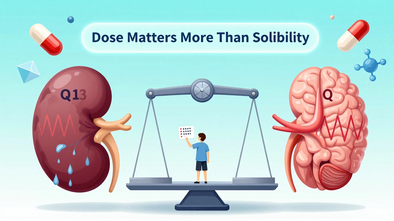 A medical scale balancing kidney and muscle-brain figures, with a patient holding a dose chart under a banner saying &#039;Dose Matters More Than Solubility&#039;.