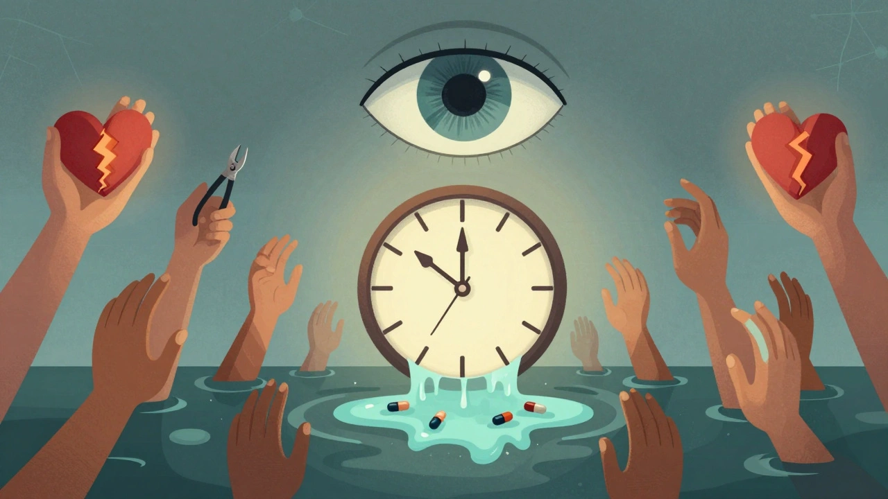 A melting clock made of capsules surrounded by reaching hands and a watching neural eye in soft gradients.