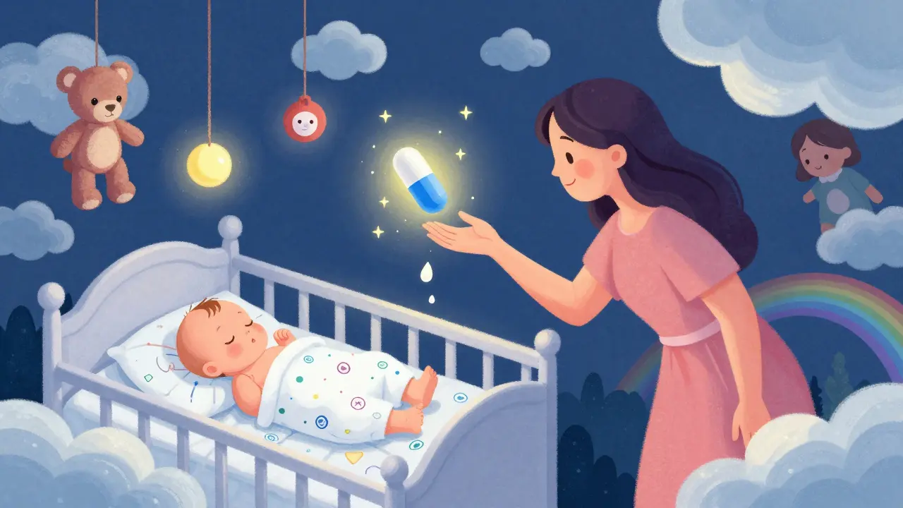 A mother reaches for a glowing pill that turns to starlight, while her baby sleeps peacefully amid breastfeeding icons and dreamlike nursery elements.