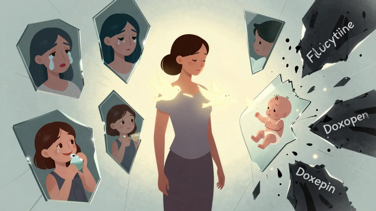 A mother stands before a fractured mirror of emotions, with gentle birds representing safe medications flying toward her baby.