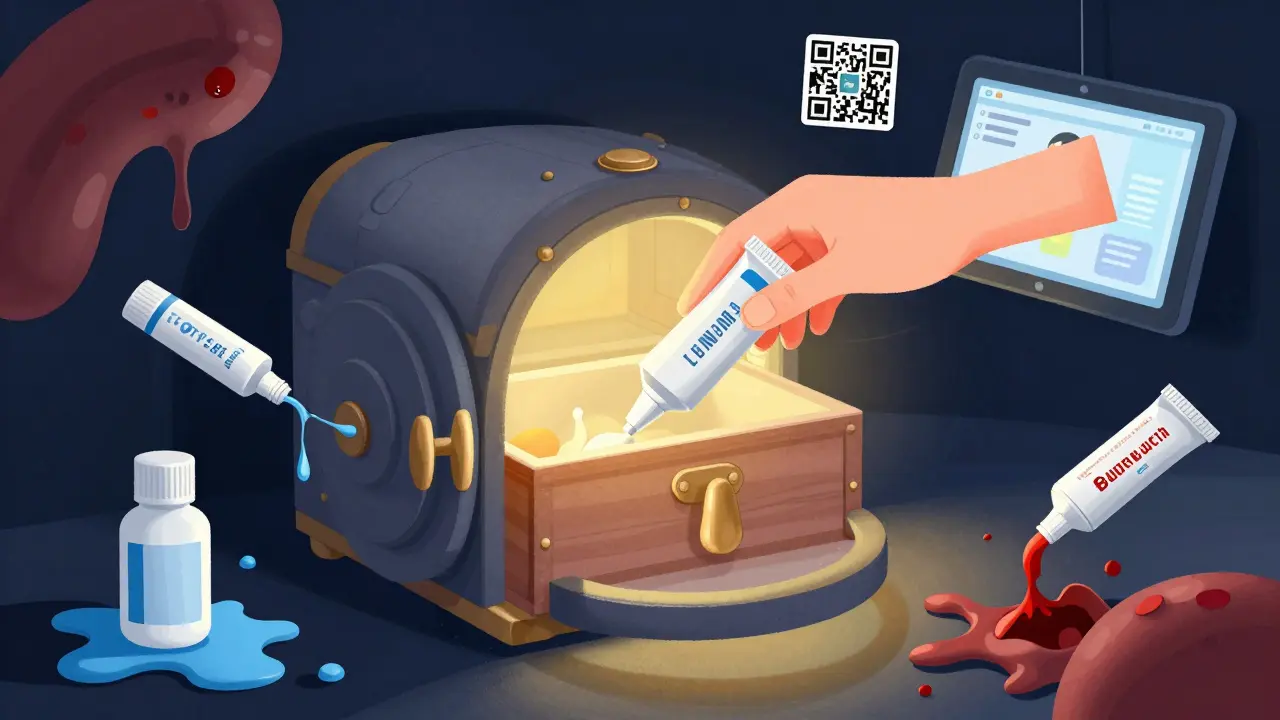 A parent locks away risky creams in a toy-shaped vault, while dangerous misuse scenes unfold outside under a glowing QR safety code.
