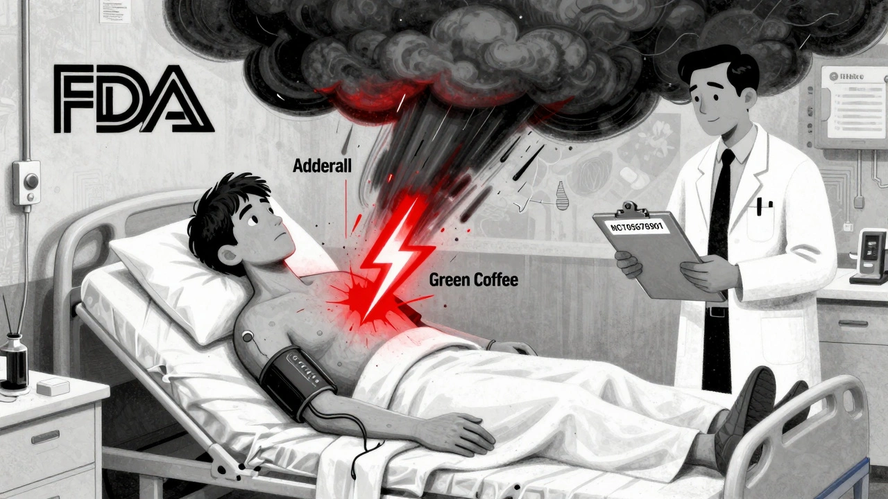 A patient&#039;s body as a weather map with storm fronts of Adderall and green coffee extract colliding over their chest, blood pressure readings flashing.