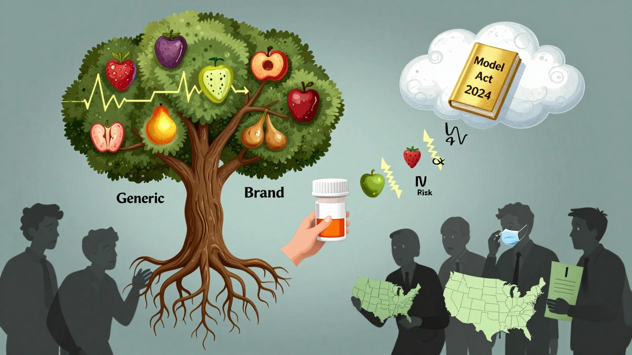 A patient holding a prescription-tree with dangerous fruit, while a golden rulebook falls from above.